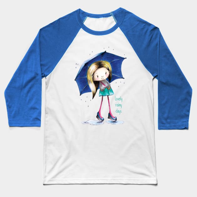 Cute girl in the rain with an umbrella Baseball T-Shirt by Olena Tyshchenko